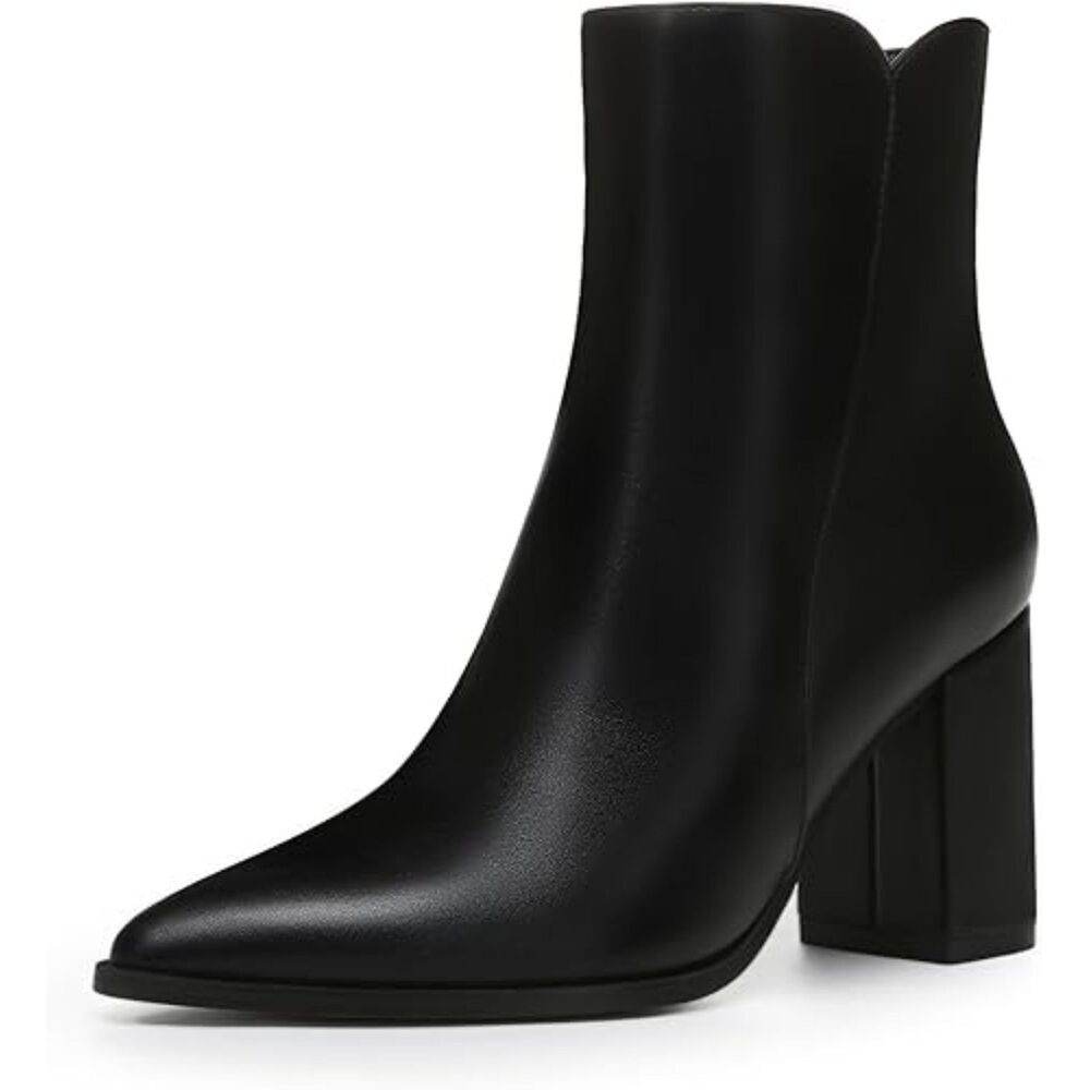 Women's Black Fashion Pointed Toe Chunky Block Heel Side Zipper Short Ankle Boot